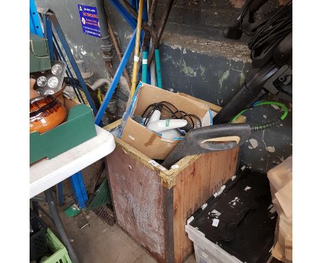 A box containing a bench grinder and a router, and a crate with a planer, camping grill, hanging baskets, power washer lance,