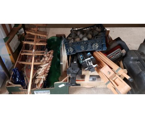Two boxes of assorted items including model boats, glass vases, tripods, easel etc.