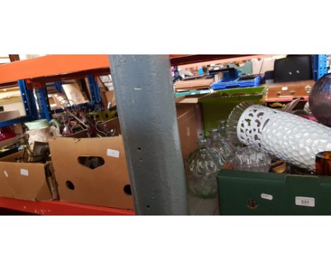 A box of mainly glass ware and two boxes of metal ware, including plated, brass, ceiling light with droplets etc
