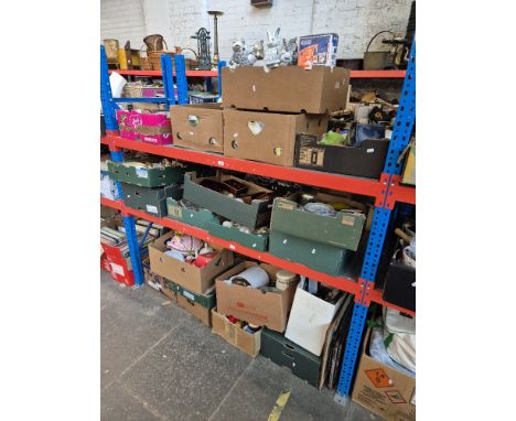 3 shelves comprising 20 boxes of mixed items including glass ware, ceramic piggy banks, part china tea set, Parker pen, ornam