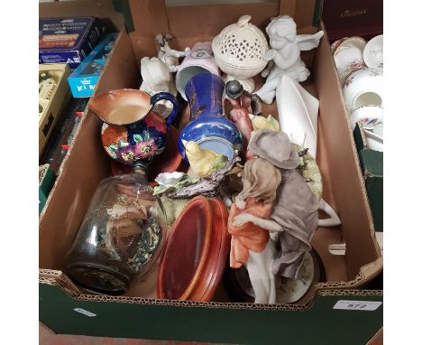 Assorted items including Italian figurines, 2 ceramic canaries on wooden stands by Kowa, creamware covered dish by Leedsware,