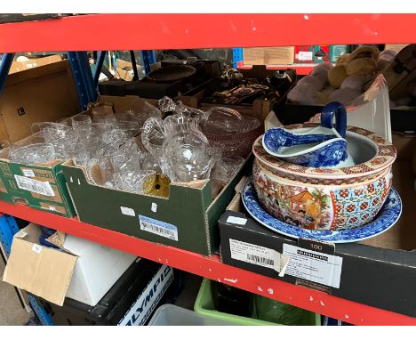 2 boxes of glass ware including jugs, bowls, decanter, drinking glasses, together with a box of ceramics including large plat
