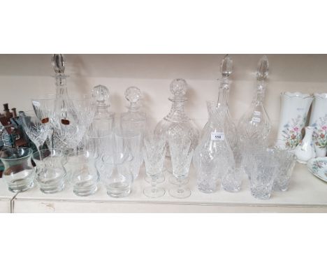 Lead Crystal - 6 decanters including Royal Doulton, Stuart Crystal carafe, wine bottle coaster by Royal Doulton with 26 drink