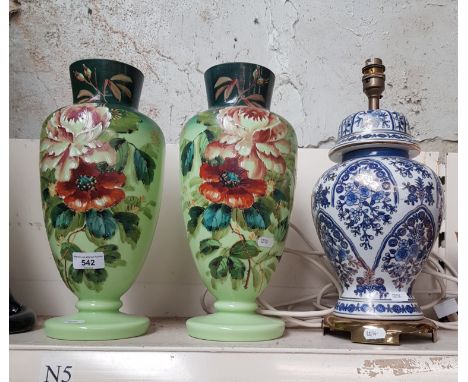 Pair of Victorian painted glass vases and a modern pottery table lamp 