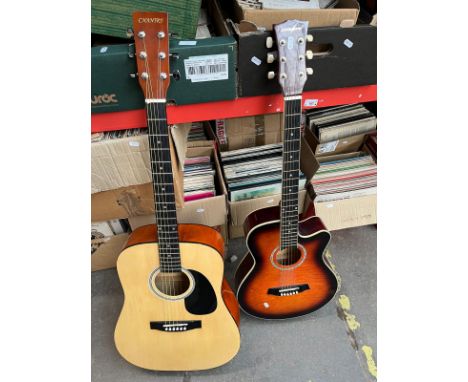Two acoustic guitars and a Prinz Astral 400 telescope with wooden tripod stand. Condition - guitars as found.