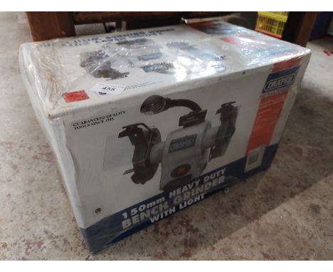 A 150mm Draper heavy duty bench grinder with light, boxed and unused