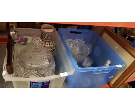 Two boxes of mainly cut crystal glassware, a picture by Ivana Dona, a pottery stein and a barometer etc.