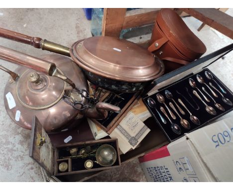 A box of mixed to include cutlery, draughtsman's set, brass warming pan, copper kettle etc