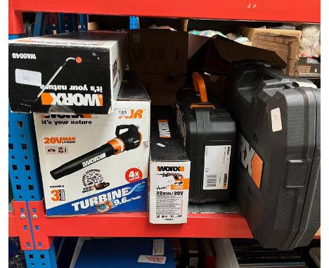 4 boxed and unused power tools by Worx - 20v laserguide  compact circular saw, 22mm/20v reciprocating saw, Nail and Staple Gu