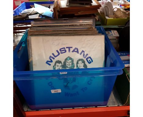 A box of assorted vinyl records to include Mustang signed by the group, Animals, Depeche Mode, Michael Jackson, Rope, Rod Ste