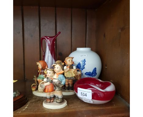 A mixed lot of collectables comprising 3 Hummel figures, red art glass jug and ash tray and a Chinese ginger jar.
