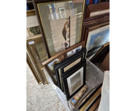 A box of pictures including Egyptian paintings on papyrus, framed tiles,  two watercolours signed 'R N' and a limited edition