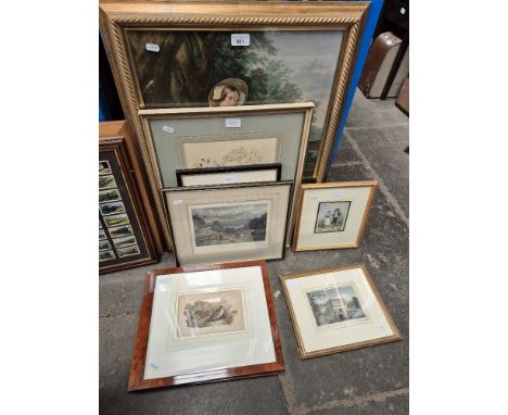 Various pictures and prints including 19th century coloured etchings after Samuel Howitt, 19th century colour print after Geo