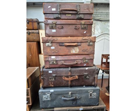 Six vintage cases including leather, beech bound trunk, etc.