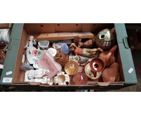 Assorted items including Portmeirion, Caithness, Sandemans advertising ashtray, Nostalgia postcards, honey pot, paperweights 