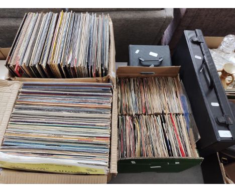 Two boxes of vinyl LP records, two boxes of vinyl singles/45s and a box of cassettes, various artists including Bowie 'Hunky 