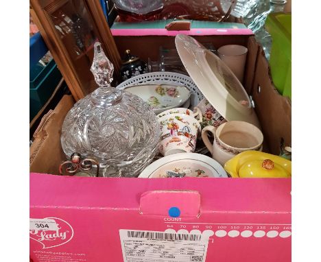 A mixed lot including glass decanter, Victorian commemorative cup, crystoleum portrait, Toby jug, tea wares, cake stand, plat