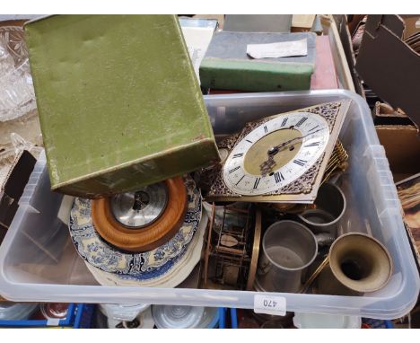 A box of miscellaneous items including barometer, 2 clocks, petrol can, brass clock face and movement, pewter tankards, ceram