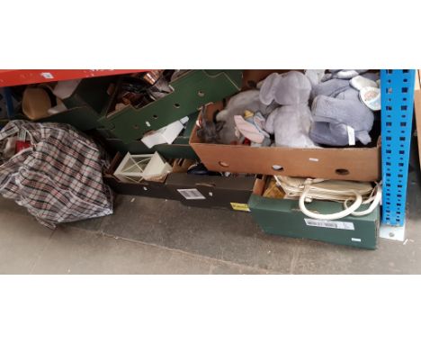 8 boxes and a bag of mixed items including soft toys, handbags, hats, Christmas decorations, hand tools, cutlery, clock, cand