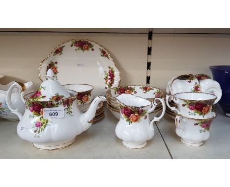 Royal Albert Old Country Roses teapot, milk jug, sugar basin, cake plate, 6 trios &amp; 6 bowls (28 pieces)