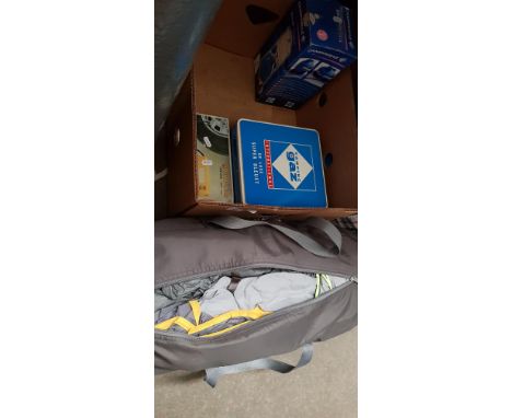 A box of camping equipment including Gelert Vertigo tent, gas stove, gas lamp, etc.