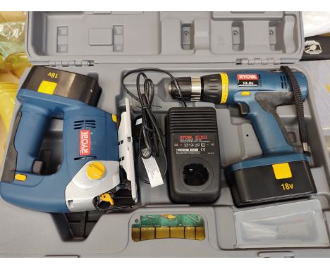 A case containing a Ryobi 18.0v Hammer Drill together with a Ryobi Orbital cordless jig daw, with charger and 2 batteries - n