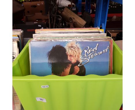 A box of assorted vinyl records to include The best of Gladys Knights and the Pips, The official secrets act, Rod Stewart, Th