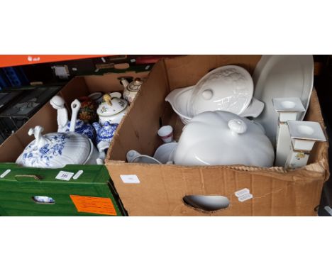Two boxes of ceramics including Sadler tea set, Spode figure, Faience sucrier, white ceramic cheese dome, strawberry set, lar