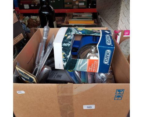 A box of lights in original packages - cycle lights, Draper rechargeable Halogen lamp, LED wind up Bicycle light sets, flexib