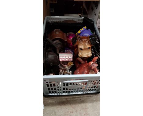 A box of figurines, toby jugs book ends, bracket clock, dressing table set, digital calliper etc