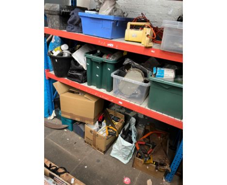 A large quantity of tools including electric chainsaw, small power washer electric drills, wood saws, three tool boxes, paint