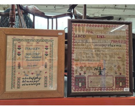 A 19th century sampler dated 1871 together with a sampler dated 1987, both framed and glazed.