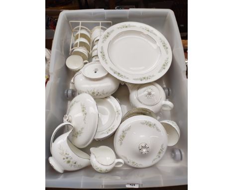 A large box of Wedgwood Westbury dinner wares including large platter, teapot, tureens dinner plates, soup bowls, cups and sa