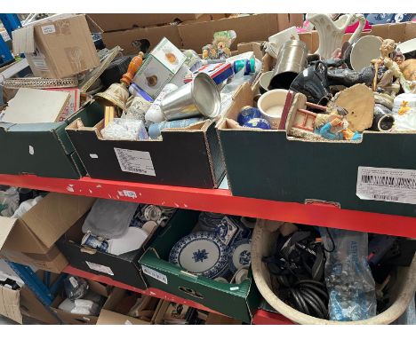 8 boxes and a large bowl containing mixed items - ceramics, figurines, camera, toiletries, cleaning materials, stamps, glass 