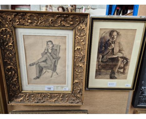 A pencil sketch of a man seated smoking a pipe, signed Dalziel with a part finished sketch to verso, taken from an album of s