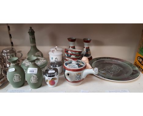 A mixed lot of ceramics comprising Wedgwood Jasper ware, Japanese tea set, Worcester egg coddlers, a Royal Doulton Africa Ele