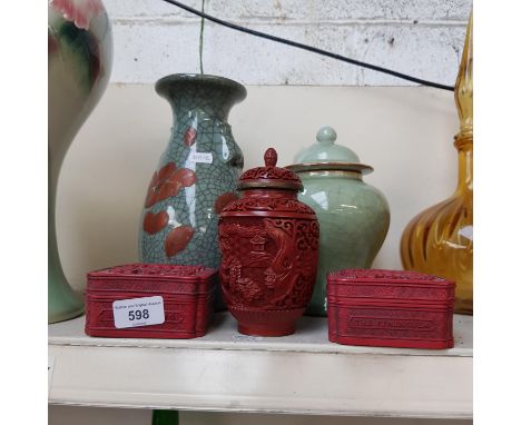 Cinabar jar and 2 red Hong Kong trinket boxes etc.