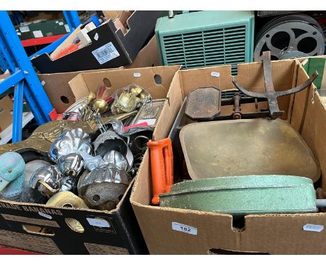 Two boxes of mixed metalware and collectables including brass, scales and weights, silver plate, decoy duck, hat pins, multip