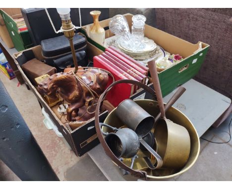 2 boxes cnntaining pottery, glass ware including decanter, figural lamp, 6 war books, cine camera, Brownie camera, brass jam 