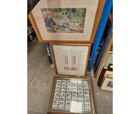 A mixed lot of pictures including framed set of railway cigarette cards, Impressionist print after Berthe Morisot, Charles Re