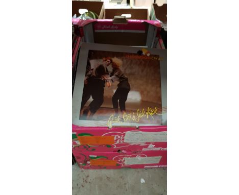 Two boxes of vinyl LP records, rock, pop, disco, country including Elvis, Thompson Twins, Men at Work, Billy Joe Spears, Pape