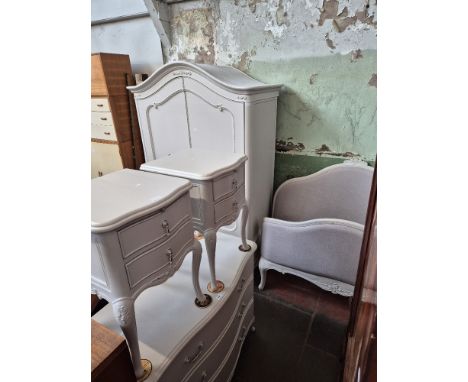 A John Lewis French style painted bedroom suite comprising double wardrobe, pair of bedside cabinets, double bed frame, chest