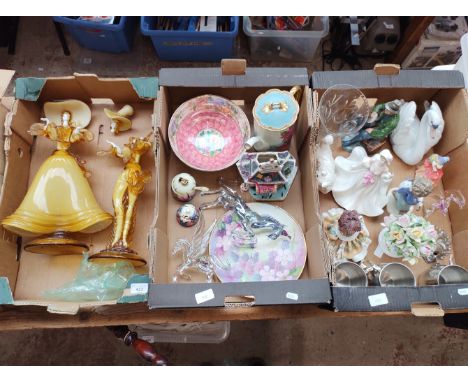 3 boxes of ornaments, figurines and glass including 2 large Murano glass figures (both as found), Old Tupton ware, Maling, gl