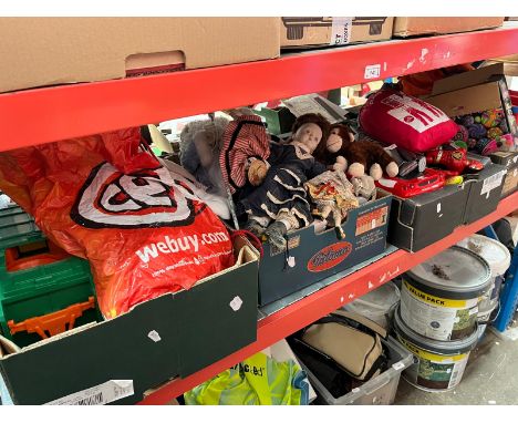 5 boxes of children's toys including dolls, Action Man type figures, RC Ferrari, soft toys etc (1 box on floor below shelf)