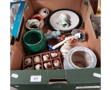 Studio pottery including Purbeck, Williamsburg and 6 pieces of Alton Towers pottery together with 2 wooden display cases cont