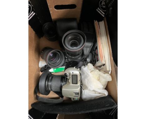 Cameras to include Pentax SFXn, Nikon F60, additional Pentax lenses, flash unit, bag etc