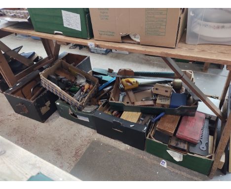 Six boxes of tools including record vice, engineering tools, micrometers, carpenters tools, etc.