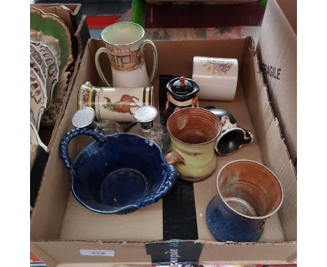 A box of assorted ceramics and glass to include Crown Devon and Royal Doulton Dickens ware etc. 