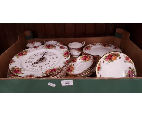 Royal Albert Old Country Roses 6 plates 26cm diameter, 6 plates 21cm diameter, 4 tea cups &amp; saucers, a comport and wall c