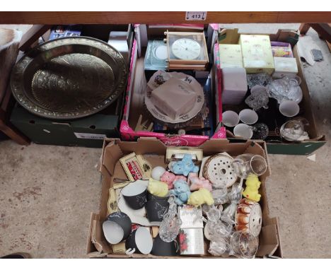 4 boxes of mixed items including glass ware, ceramics, boxed ornaments, brass charger, clock, plated ware, Star War figure et